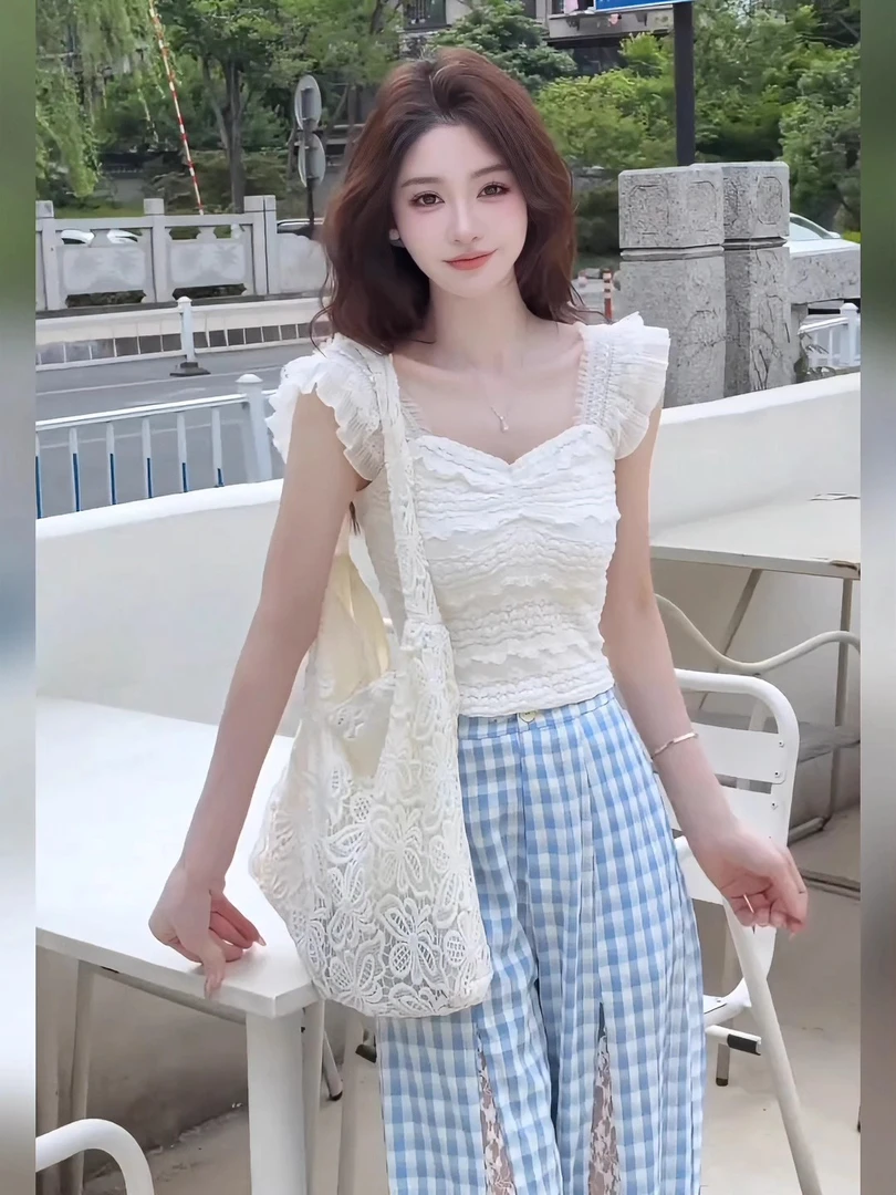 纯欲辣妹风蕾丝花边小飞袖背心女夏季新款修身显瘦设计感小众上衣