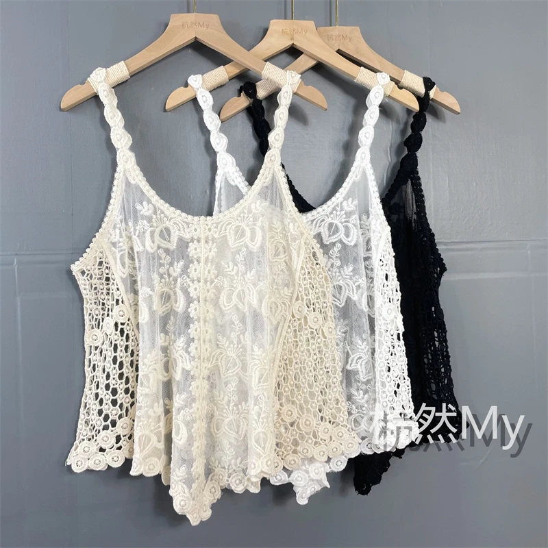 不规则蕾丝外搭吊带背心女外穿遮肚上衣宽松刺绣镂空无袖马甲罩衫