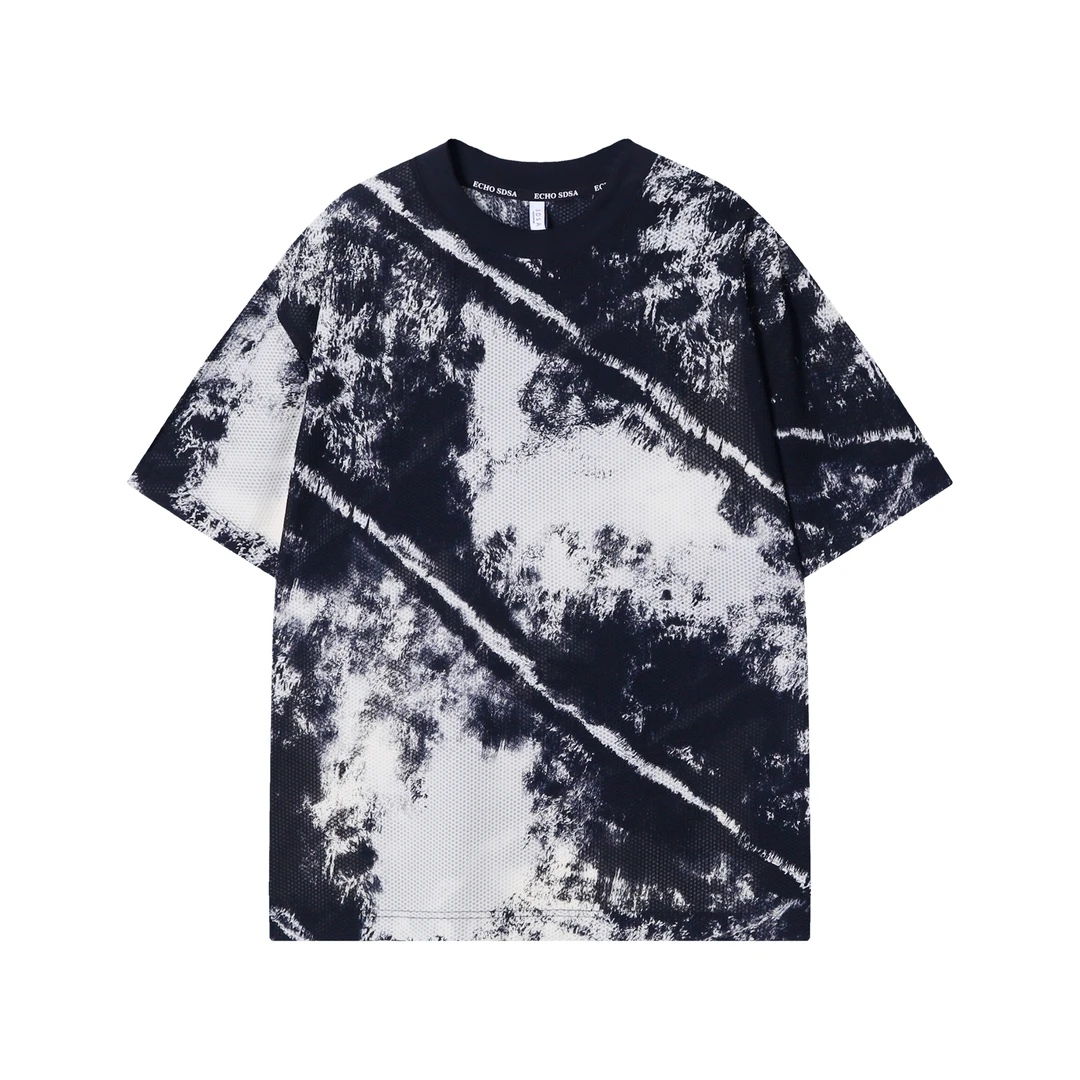 夏季新款时尚针织扎染印花男士短袖百搭小众复古上衣宽松街头T恤