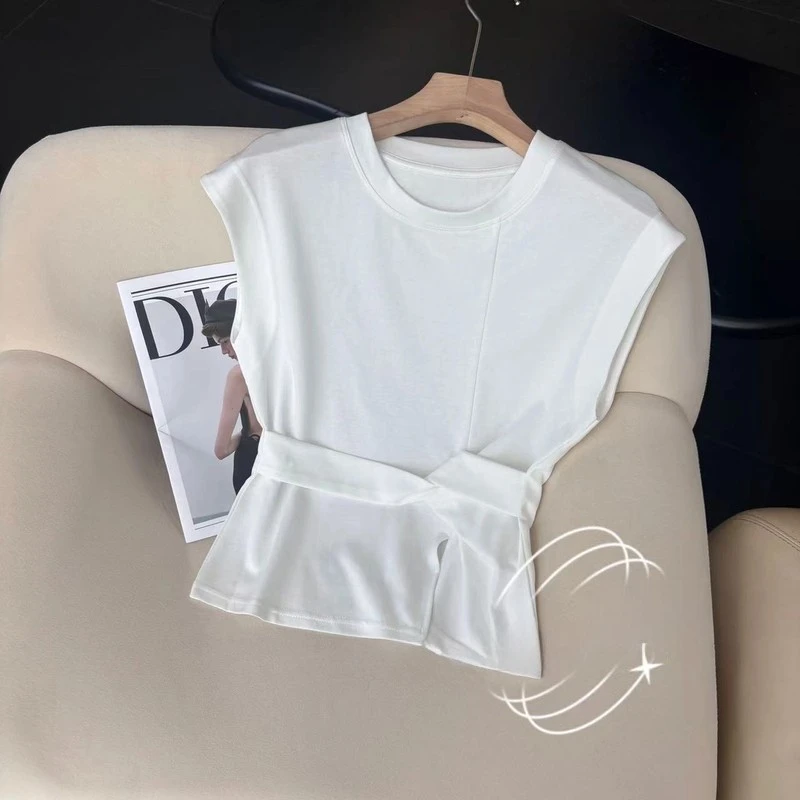 新款飞飞袖掐腰扭结开叉气质时尚下摆T恤