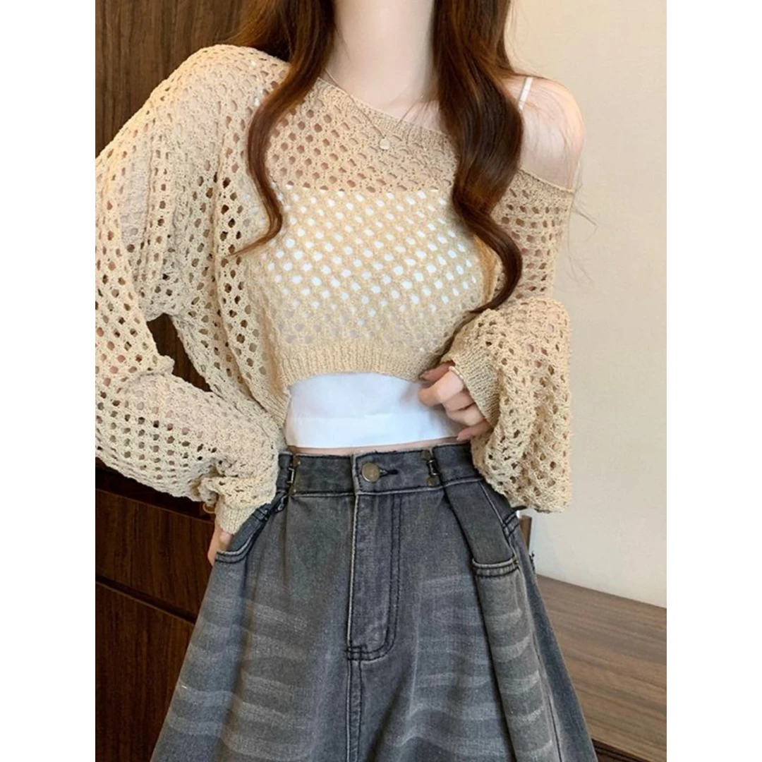 短款镂空罩衫上衣女春夏装穿搭2025新款高级设计感小个子长袖T恤