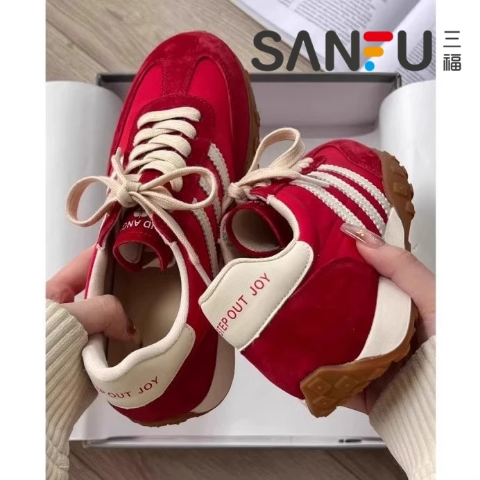 三福内增高红色华夫阿甘鞋女2025年春季新款百搭运动鞋厚底德训鞋