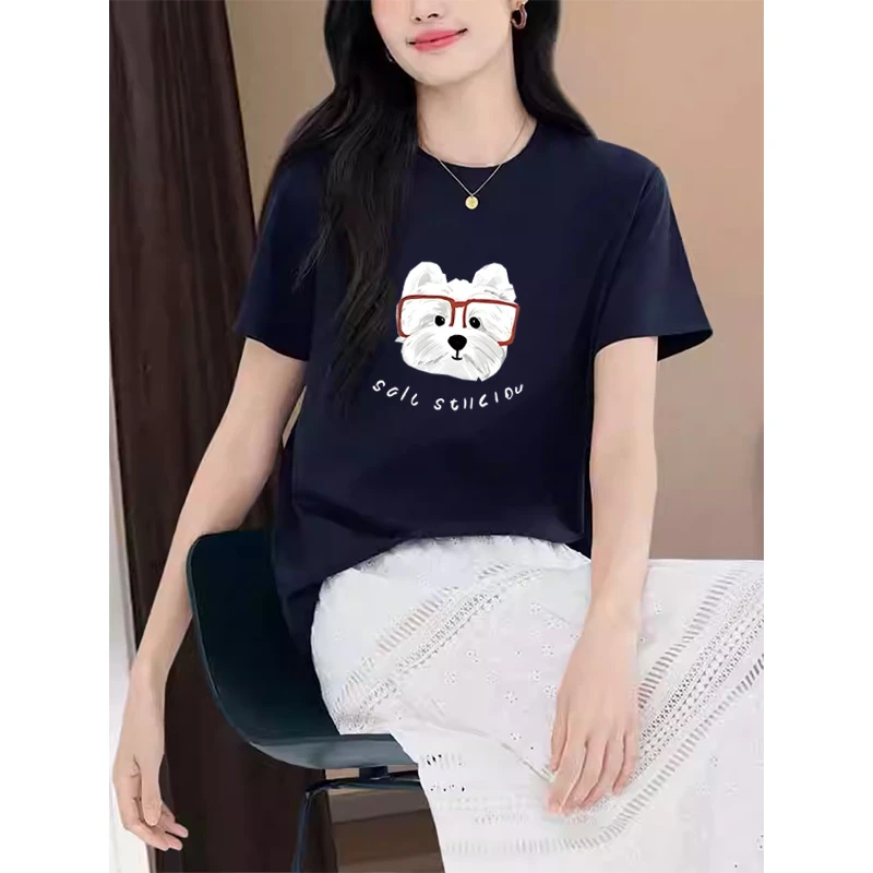 夏季薄款2025年新款正肩纯棉短袖t恤女百搭洋气藏青色上衣打底衫