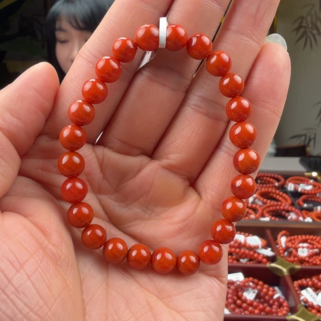 南红玛瑙未镶嵌手链7mm柿子锦圆珠单圈