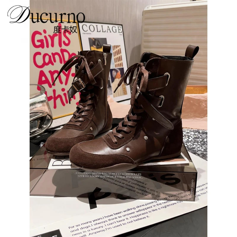 2025年新款欧美风做旧拼色圆头绑带马丁靴德训靴拳击靴瘦瘦靴短靴