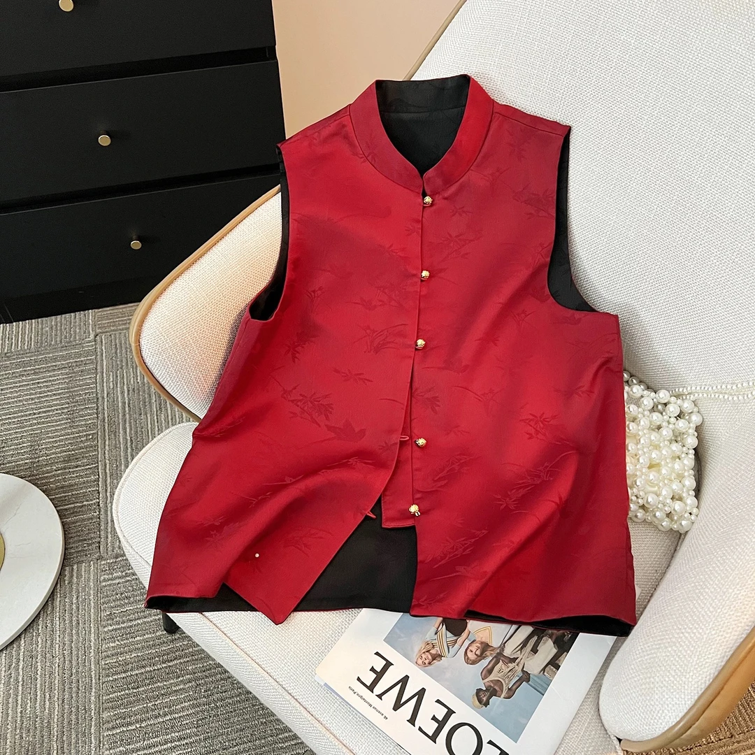 三姐家新中式春秋纯色百搭盘扣两面穿立领马甲