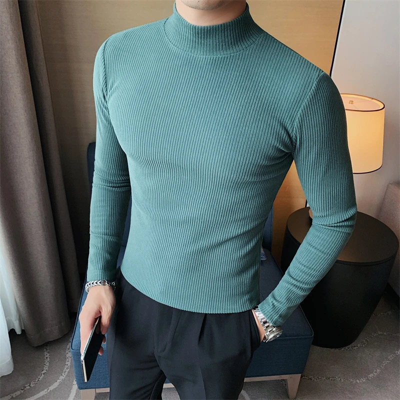 打底衫秋冬男士坑条纹时尚修身T恤 质感中领休闲韩版上衣恤代理