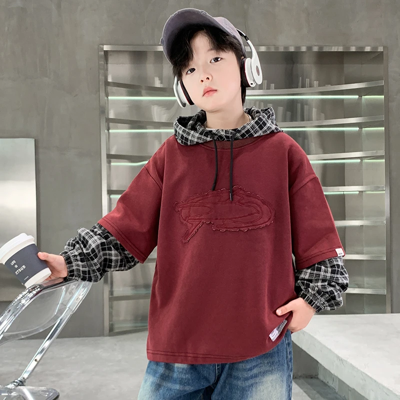男童秋季假两件卫衣连帽中大童时髦帅气韩版炸街儿童上衣男孩酷潮