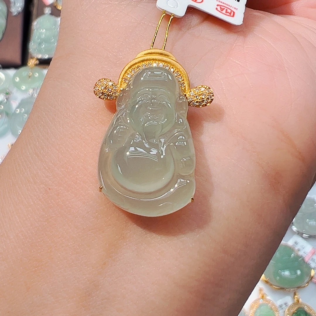 翡翠18K金镶嵌吊坠(不含链)财神爷