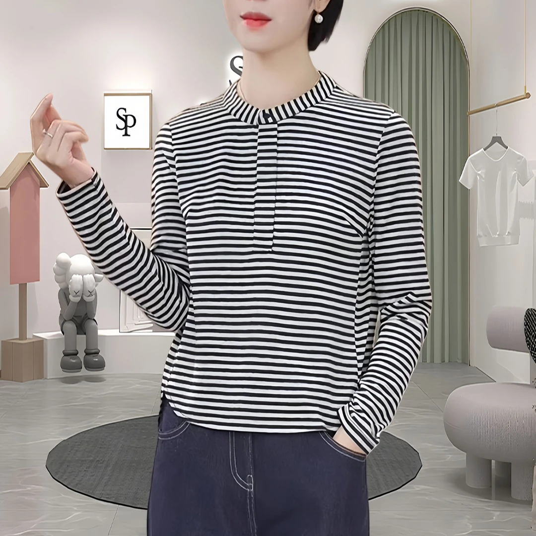 网红爆款条纹宽松T恤女休闲长袖拼接洋气时髦软糯休闲风上衣