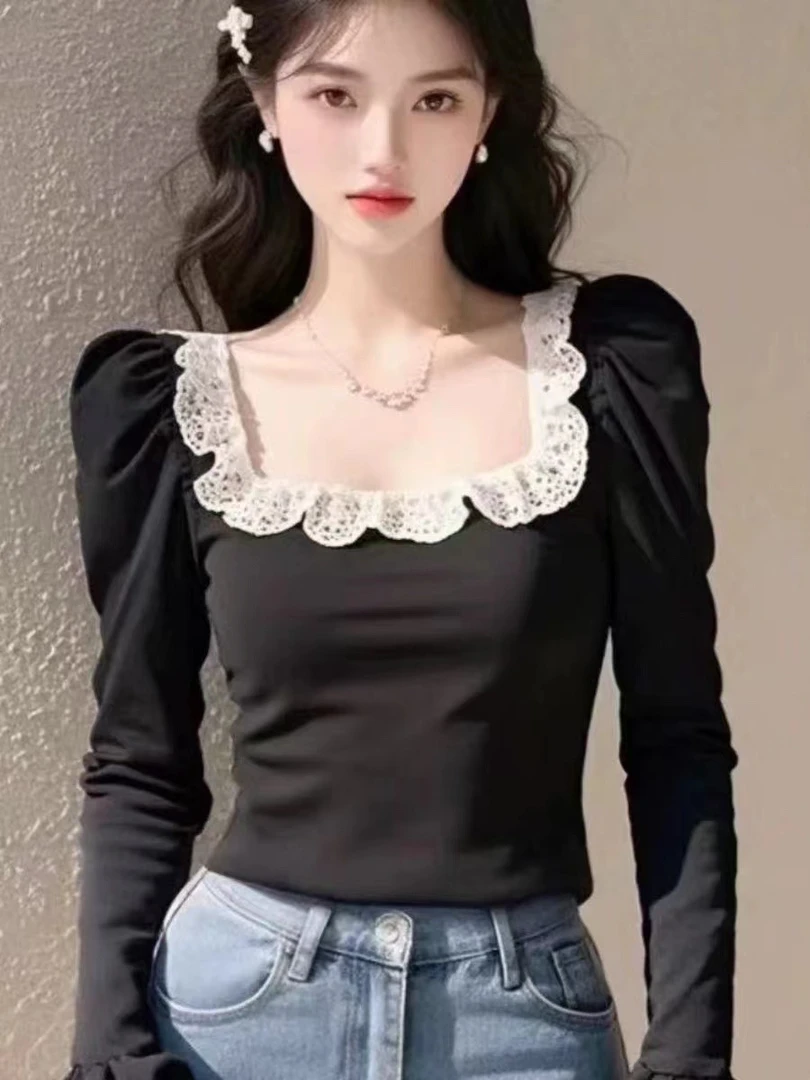 方领蕾丝长袖T恤女春秋2025新款气质修身小衫高级感喇叭袖上衣956