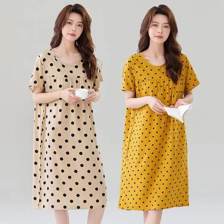 棉绸加长版带胸垫圆领短袖睡裙时尚百搭新款妈妈装连衣裙女