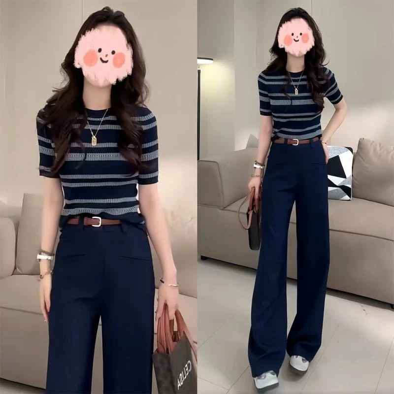 2025夏季韩式新款条纹撞色短袖针织上衣百搭简约风小个子洋气毛衣