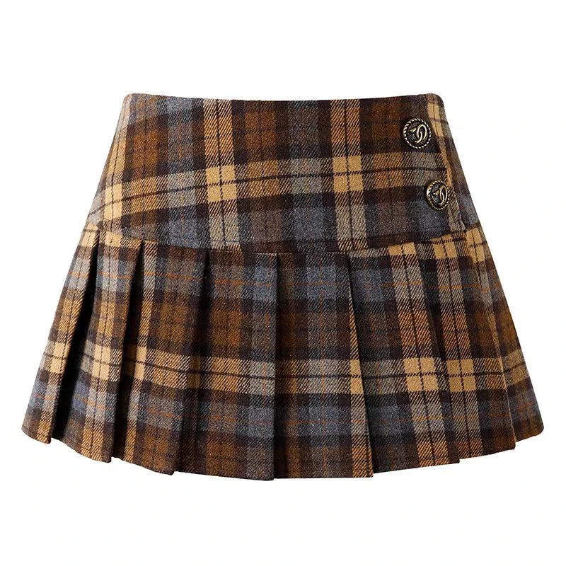 复古辣妹毛呢格纹半身裙女秋冬学院风百褶裙低腰显瘦裙子a字短裙