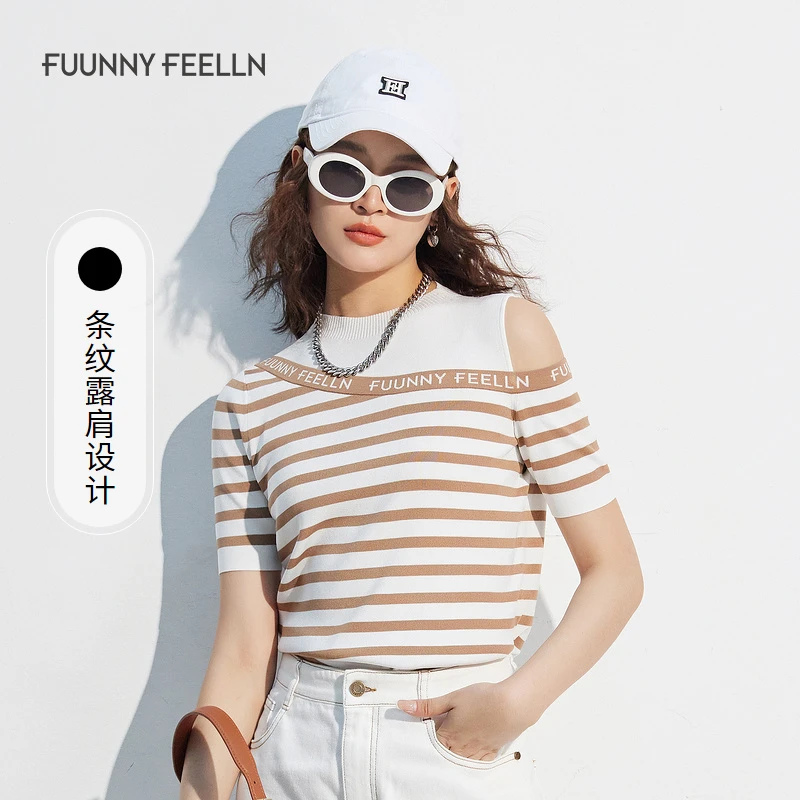 【】女T恤修身显瘦露肩设计感撞色FZ01179经典休闲春夏