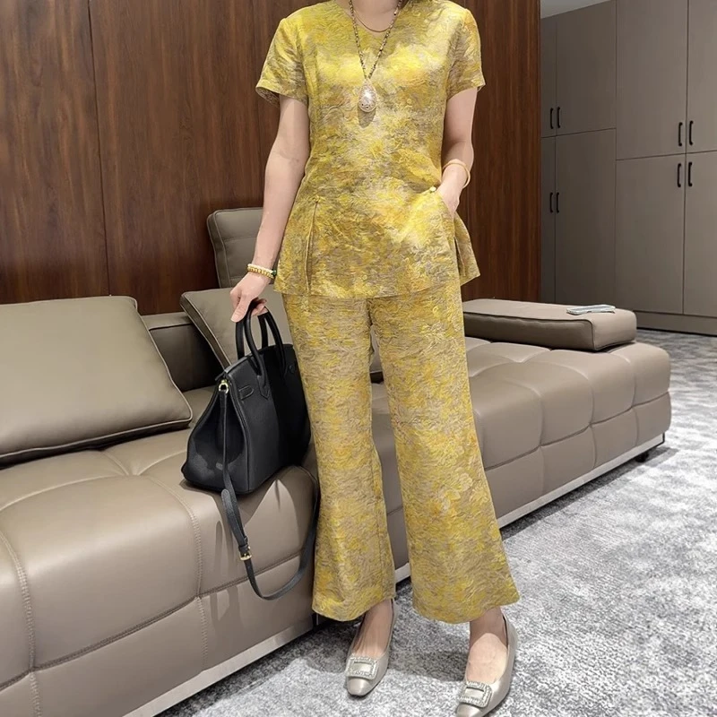 2025夏季新款女士新中式国风黄色套装盘扣洋气时髦上衣裤子两件套