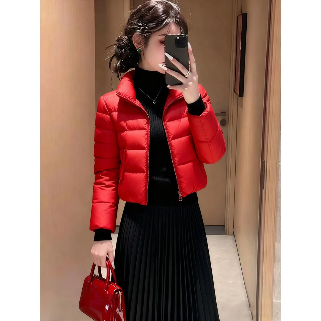 2025冬季新款红色短款羽绒服女立领显瘦保暖修身拉链外套时尚洋气