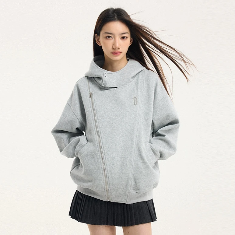 BONELESS春季2025新款机车连帽拉链开衫卫衣铁标logo宽松潮牌外套