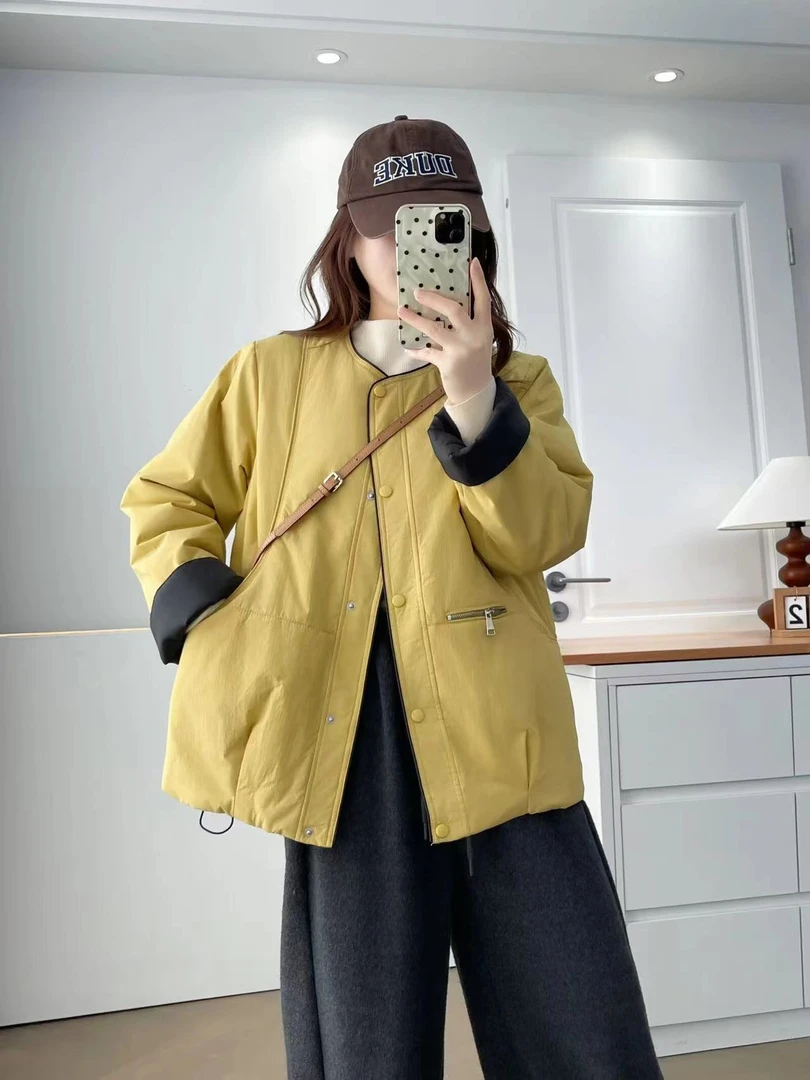 棉服圆领棉衣宽松拼接显瘦冬季短款