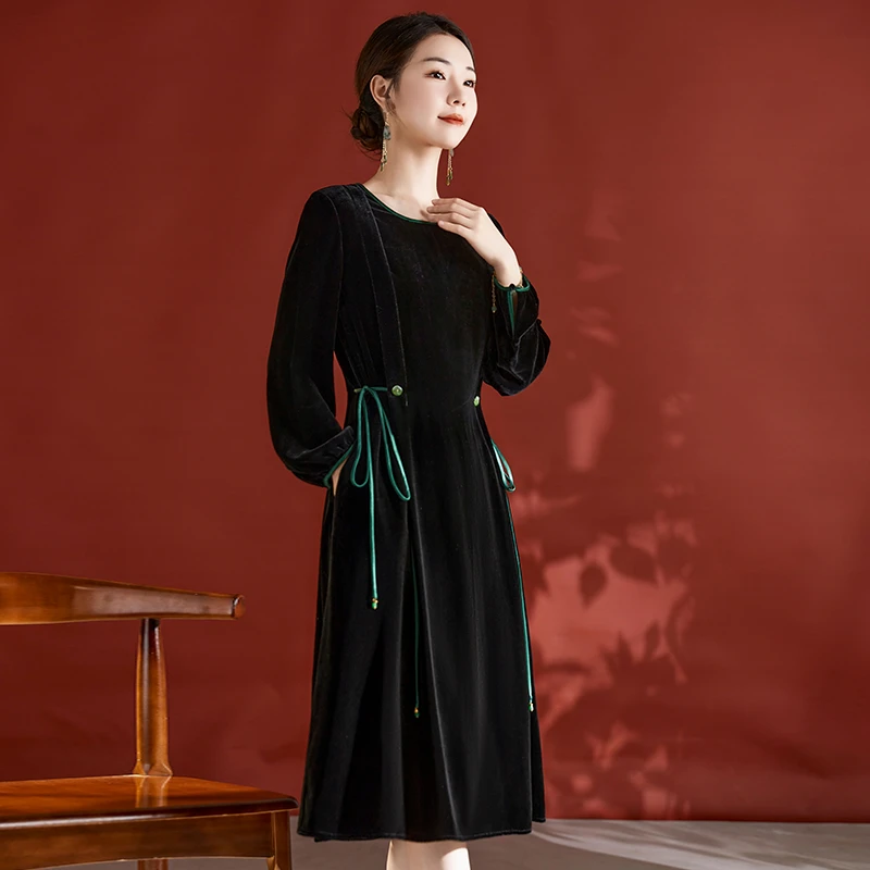 水墨佳人气质轻奢桑蚕丝真丝丝绒连衣裙82395900