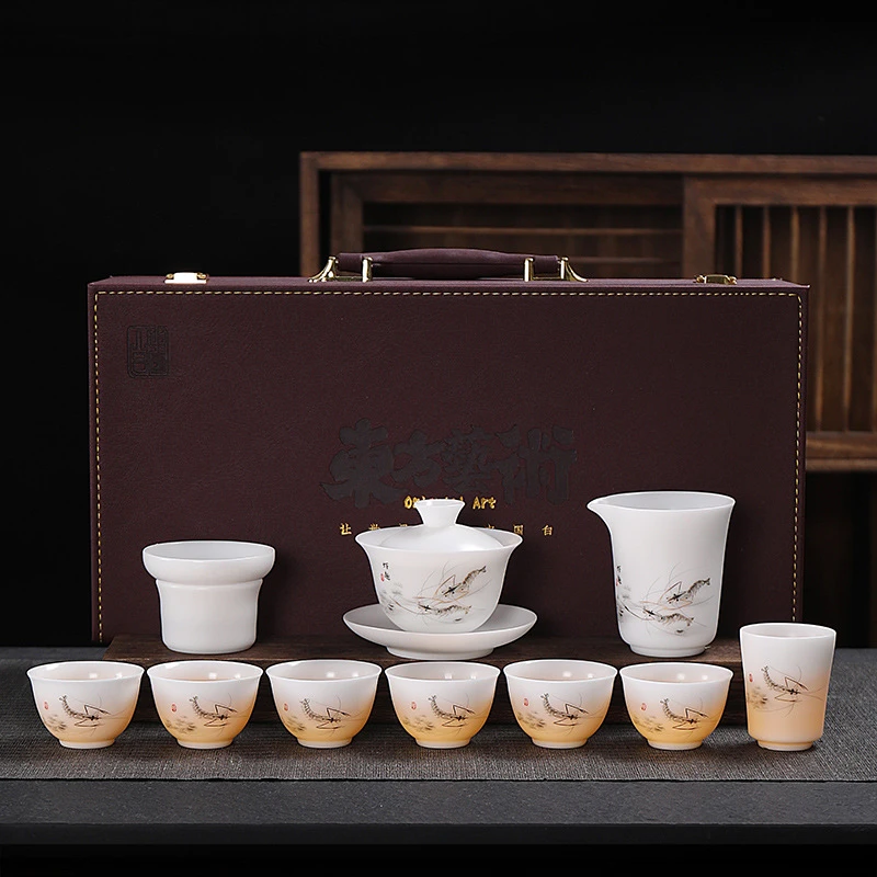 德化玉瓷茶具套装虾趣素烧哑光白瓷功夫茶具商用家用轻奢礼品