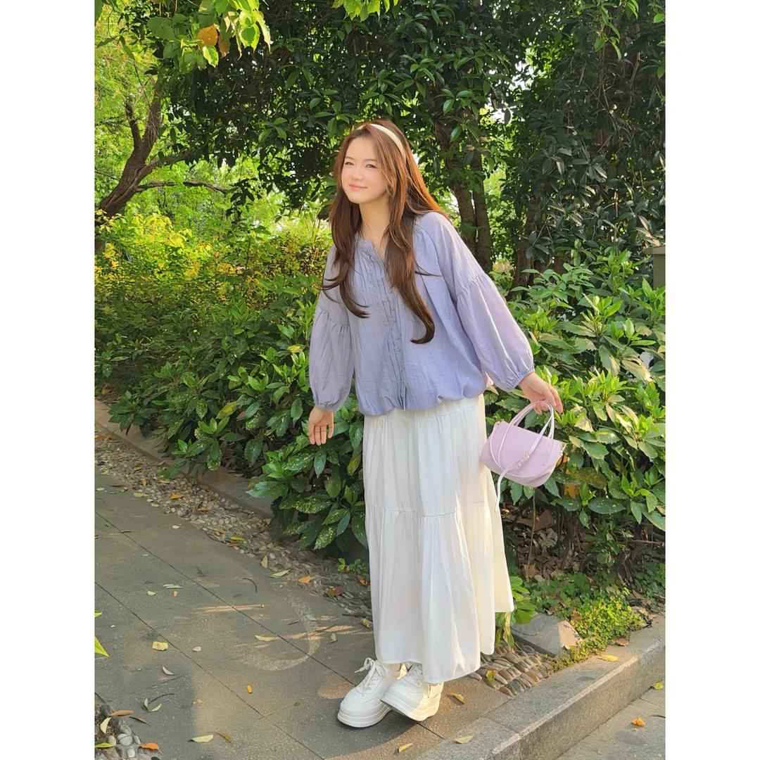 【君君专属】Malena Dream甜美长袖压褶泡泡袖+高腰百搭显瘦A字半裙