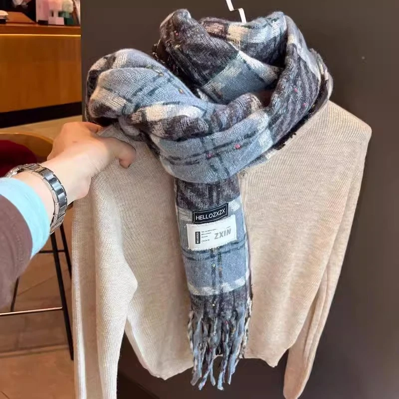 英国CospKosp  冬季新款彩色点点雾霾蓝斜纹格子流苏围脖加厚围巾