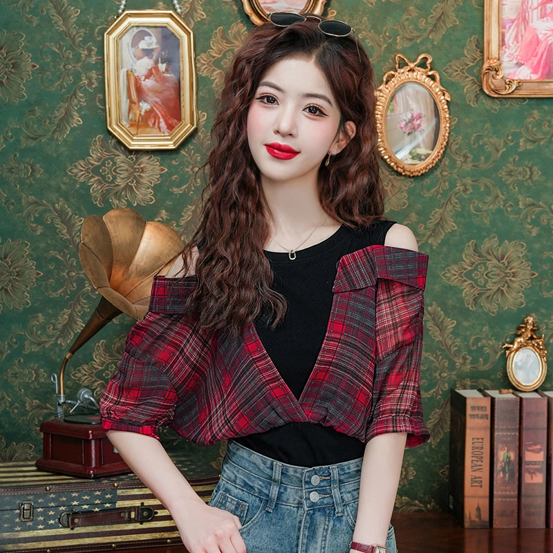 时尚假两件格子衬衫女短袖2025年夏季露肩设计感宽松独特别致上衣