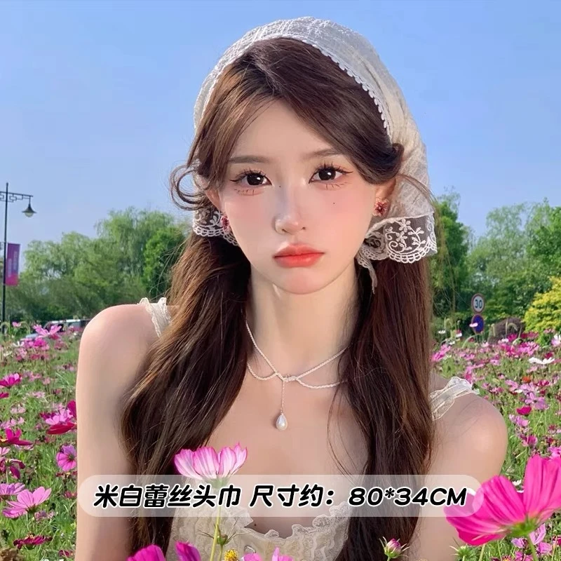 2024新款蕾丝包三角巾丝巾帽女百搭薄棉麻小领巾防晒围巾巾