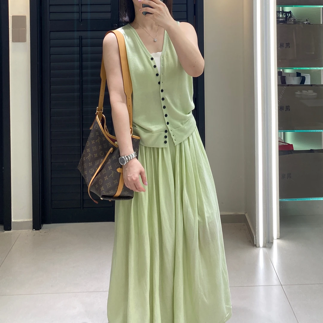KAREN 凯琳垂感内衬针织半身裙百褶中长款拖地松紧长裙拓套装