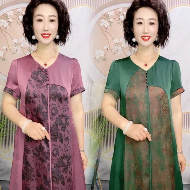 306-2025-37中老年气质时尚V领洋气宽松遮肚显瘦连衣裙