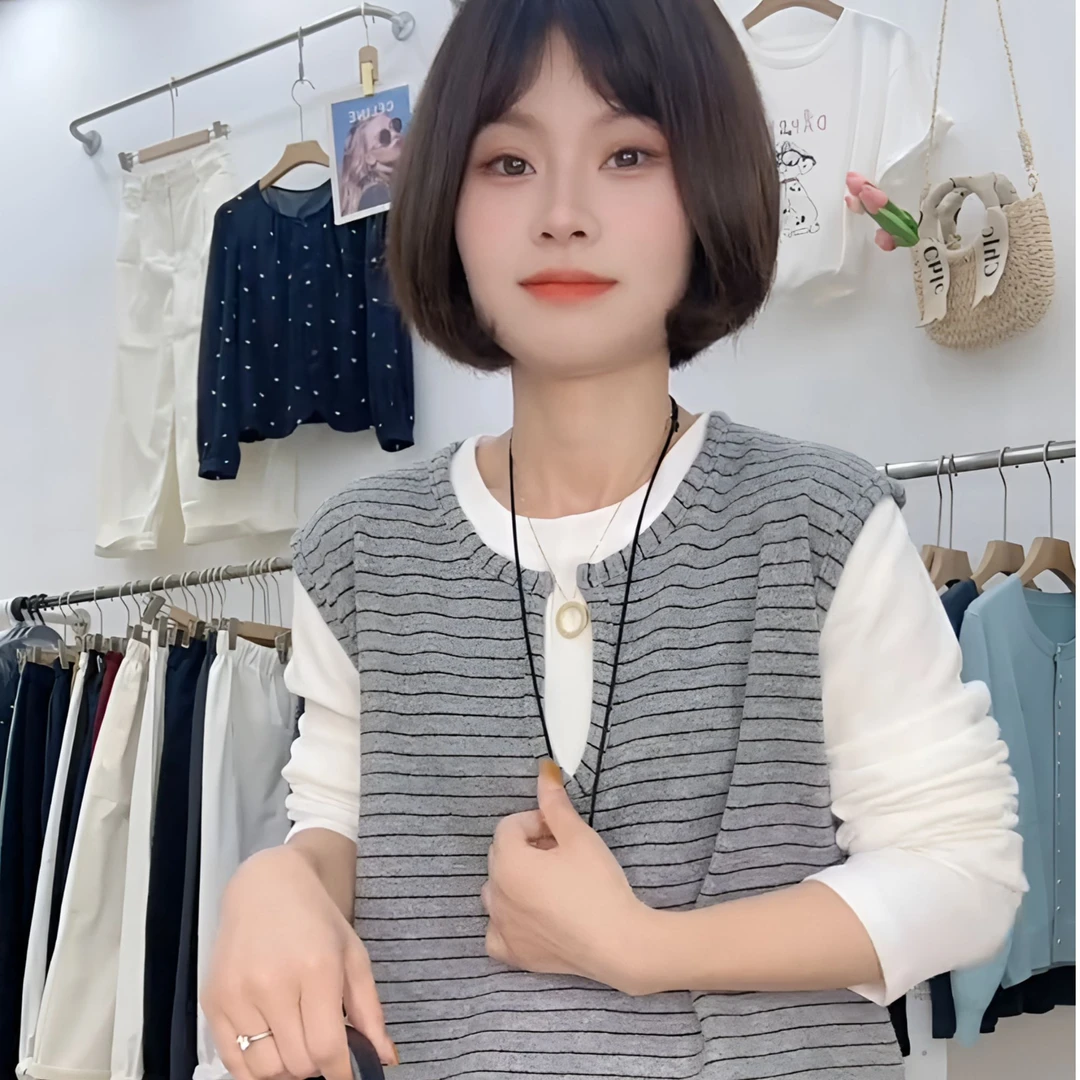 韩系条纹拼接假两件长袖T恤2025秋季新款女设计感减龄百搭上衣潮