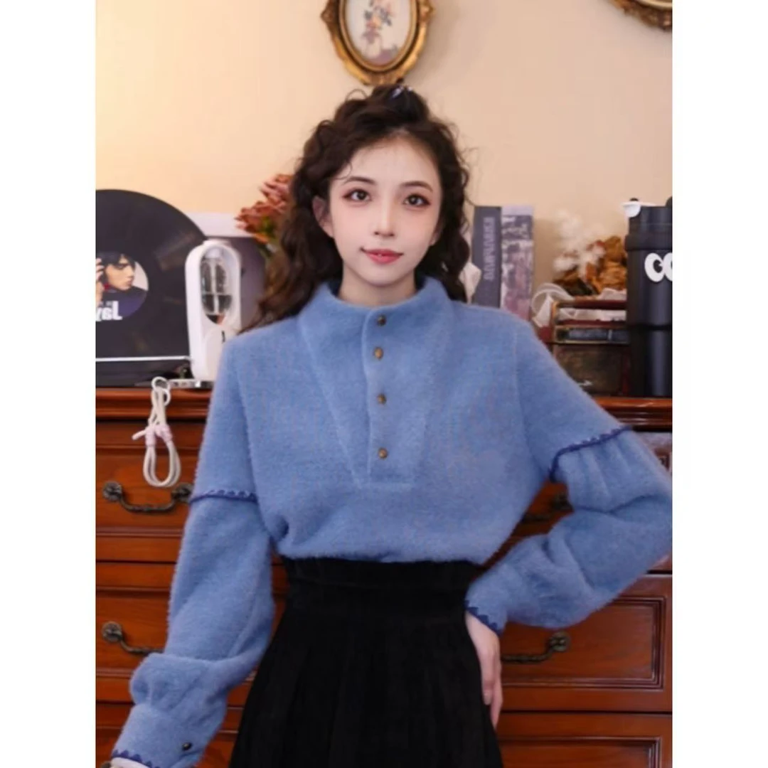 豆芽【雪绒蓝梦】港味复古气质设计感秋冬长袖上衣03358