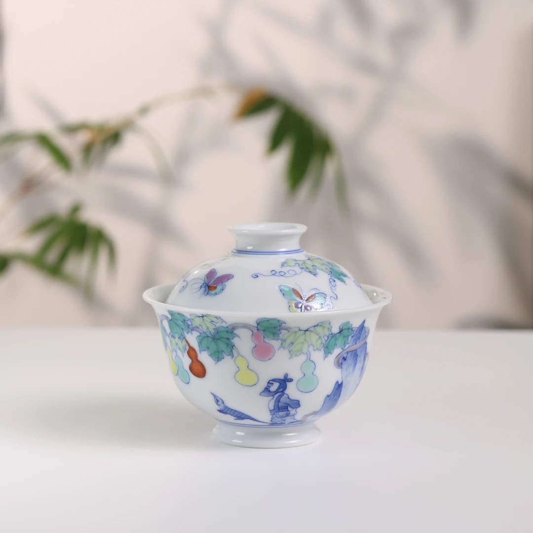 茗器山房 景德镇斗彩手绘葫芦七兄弟和爷爷盖碗 茶壶茶具 120ml