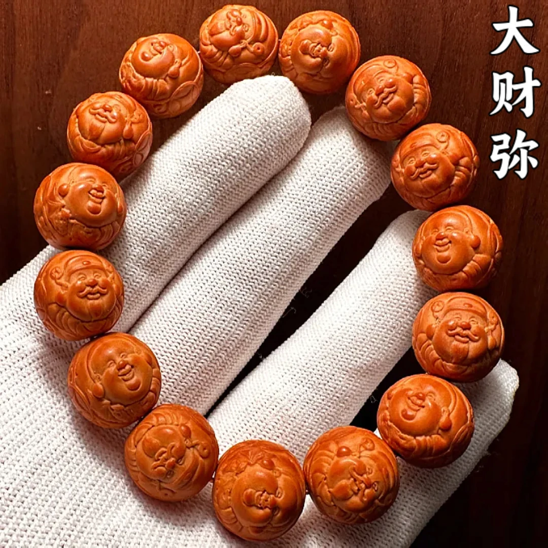 大财迷文玩猴头手串高端货正圆光珠核桃雕刻财神弥勒男款橄榄核雕