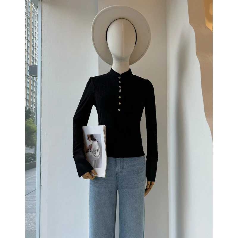 新中式显瘦冬季针织衫磨毛时尚加绒弹力长袖盘扣打底时髦百搭女神