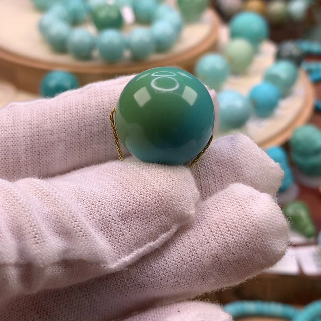 绿松石未镶嵌珠宝奇石高瓷蓝绿俏色圆珠19.6mm