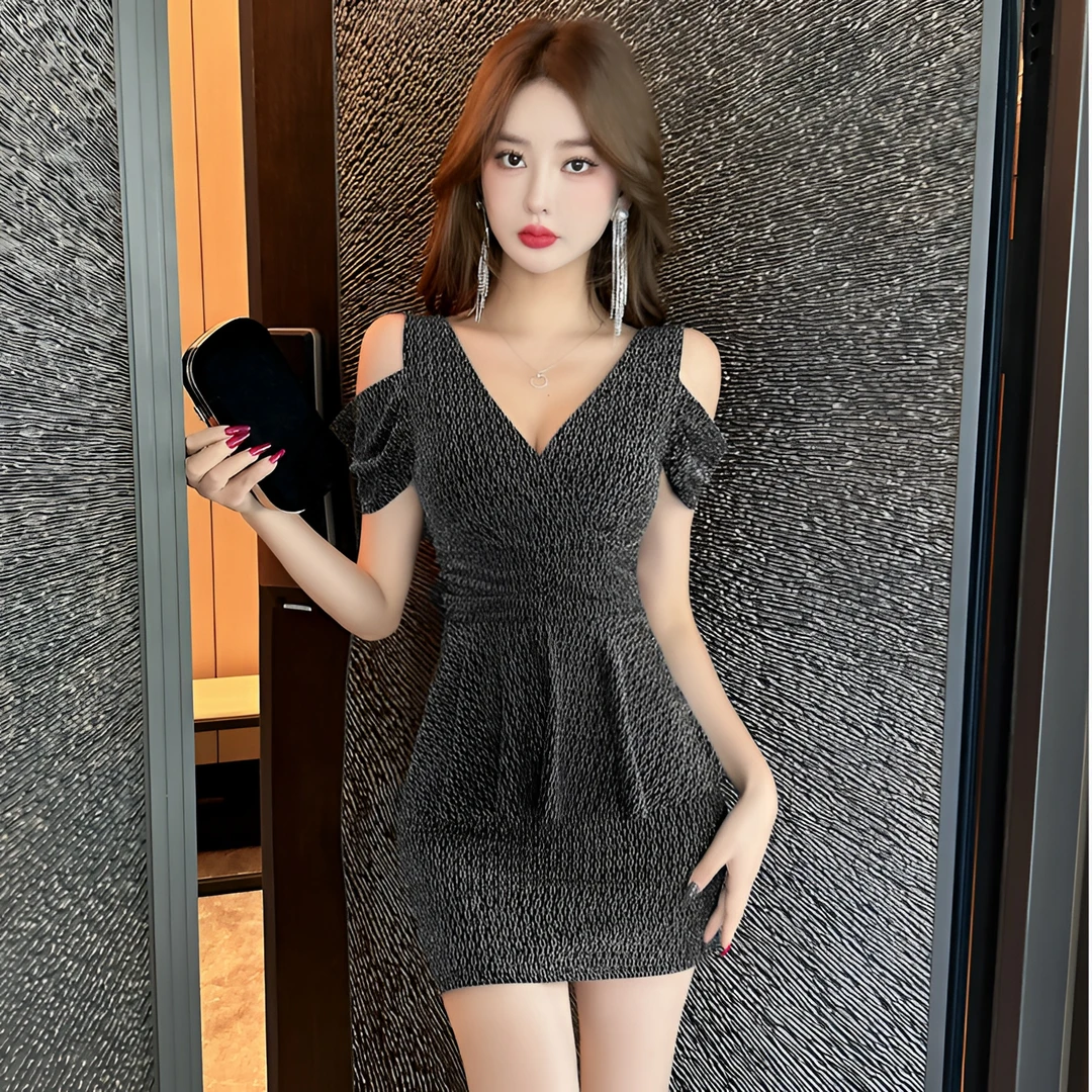 夜总店女装性感深v镂空露肩假两件遮肚显瘦包臀连衣裙夜场工作服