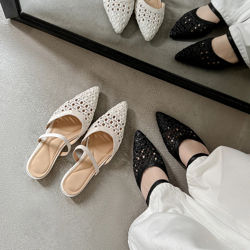 法式尖头镂空编织包头凉鞋女夏季外穿半拖鞋时尚平底一脚蹬穆勒鞋