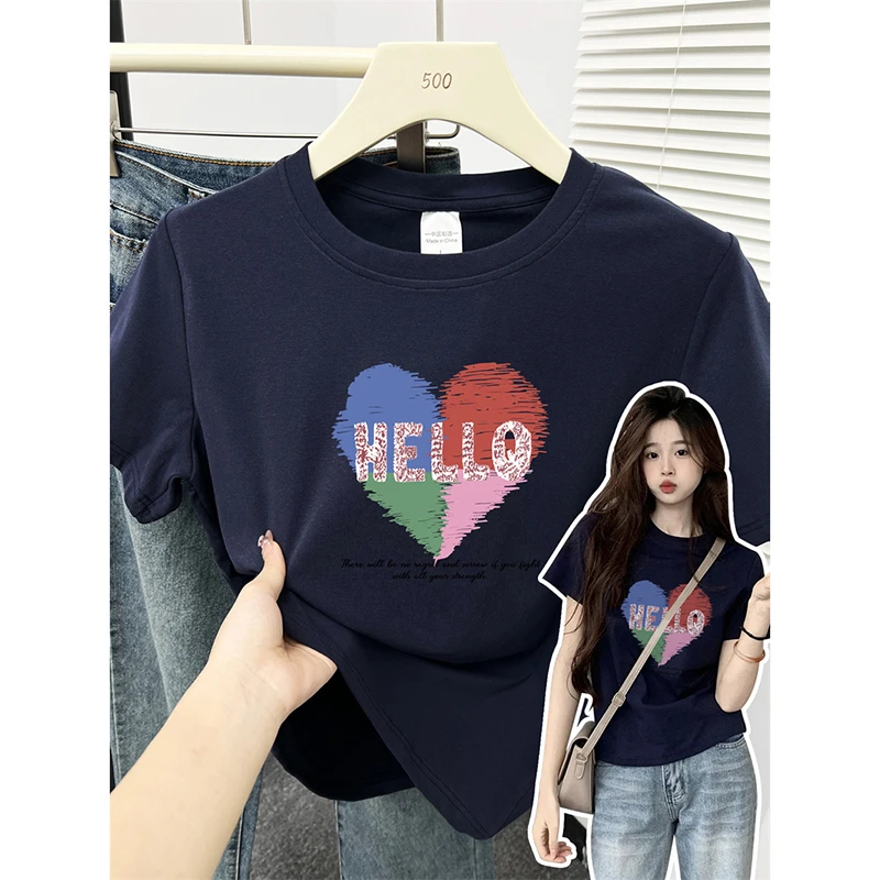 洋气爱心印花正肩短袖t恤女修身小个子显瘦高弹力百搭复古风上衣