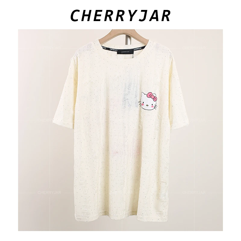 Cherryjar【25958】时尚潮流新款kt猫印花水K钻点缀做旧宽松短袖T恤