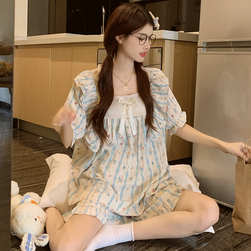 泡泡棉睡衣女款2025新款夏季甜美风方领短袖短裤两件套装家居服女