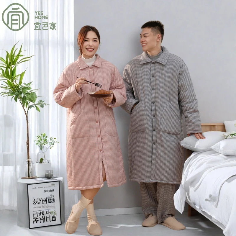 宜色家情侣睡衣秋冬季新款100%全棉加厚款保暖中长款可外穿家居服