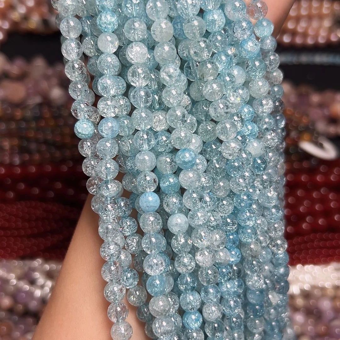 玛瑙/玉髓足银镶嵌珠宝半成品天然海蓝宝水晶圆珠6.6mm拍一发二