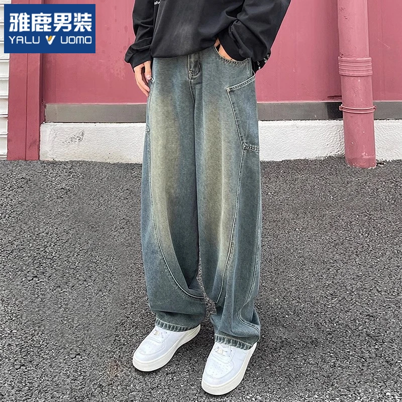 雅鹿美式弯刀牛仔裤男士复古帅气百搭水洗直筒裤休闲宽松阔腿长裤