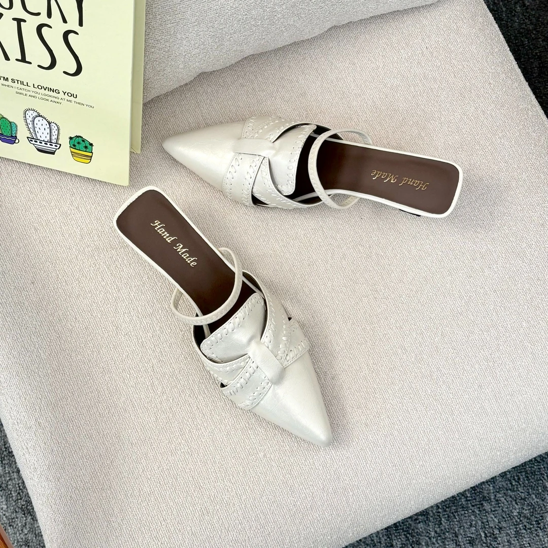 尖头编织后空两穿中跟羊皮浅口半托气质时尚夏季百搭H41