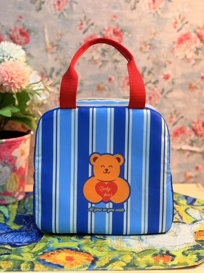 童趣小熊图案时尚手提午餐卡通手提袋学生便当包铝箔保温包饭盒袋