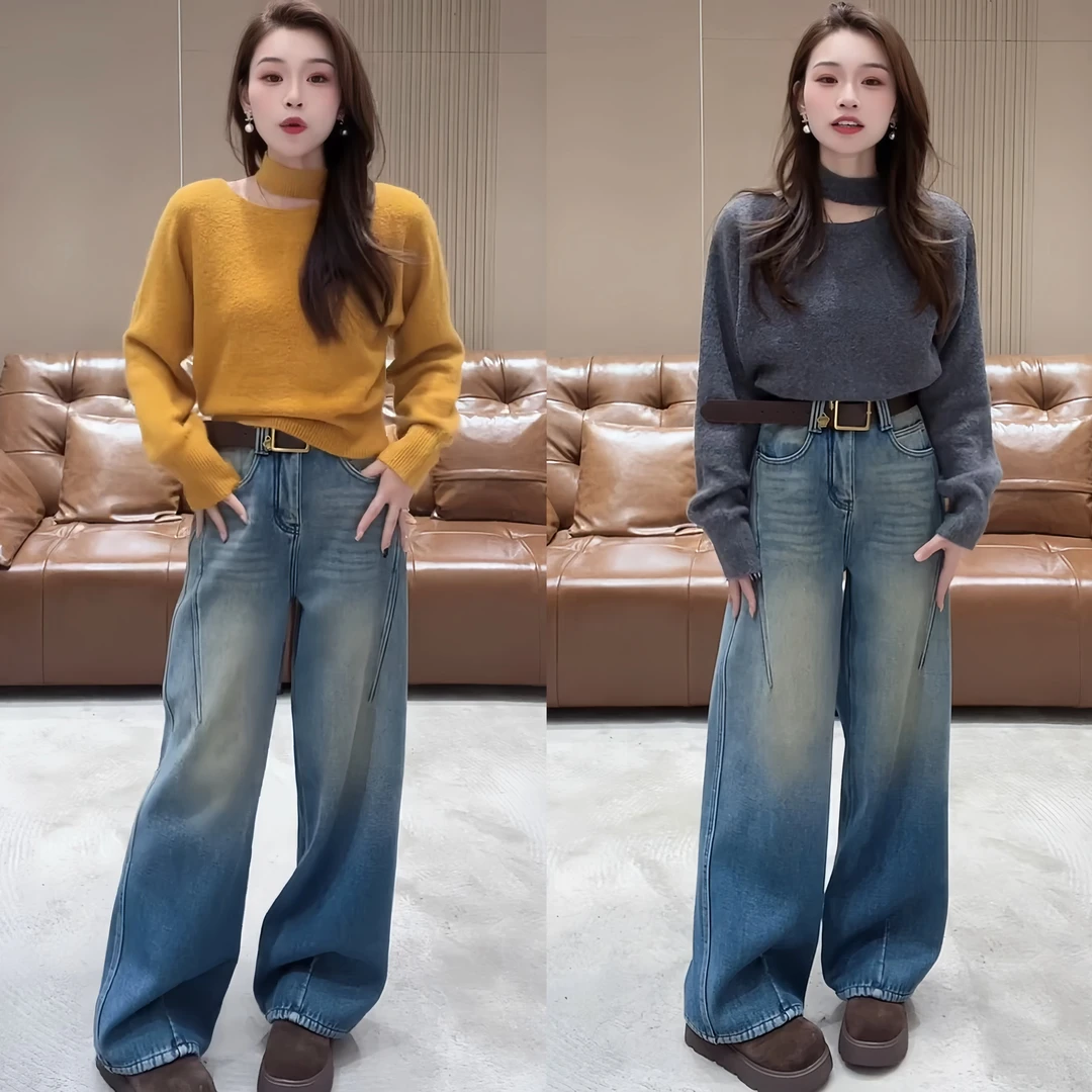 2025冬季新款休闲风挂脖软糯时尚气质毛衣法式显瘦直筒牛仔裤套装
