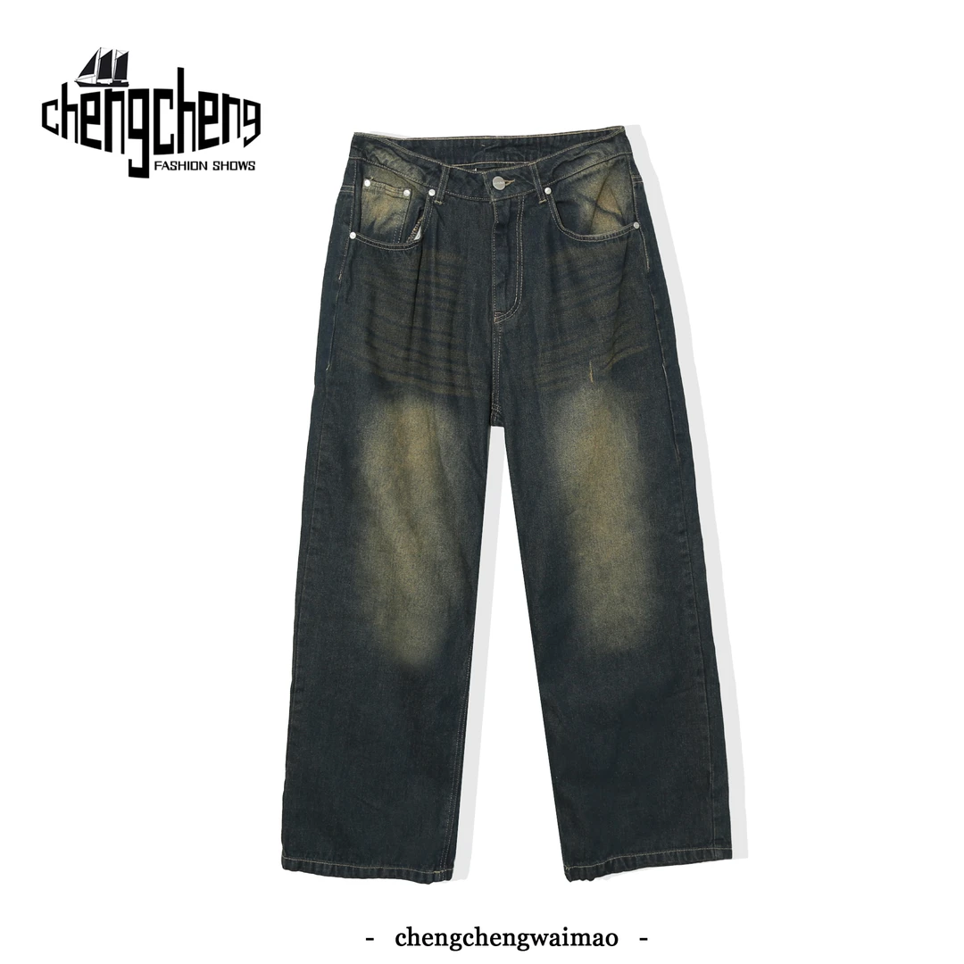 男女同款美式水洗牛仔裤复古宽松大码直筒潮阔腿裤PA-N526(微瑕)
