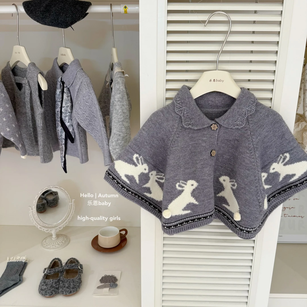 【乐恩童装】原创设计女童秋冬新款洋气兔子斗篷毛衣针织开衫外套